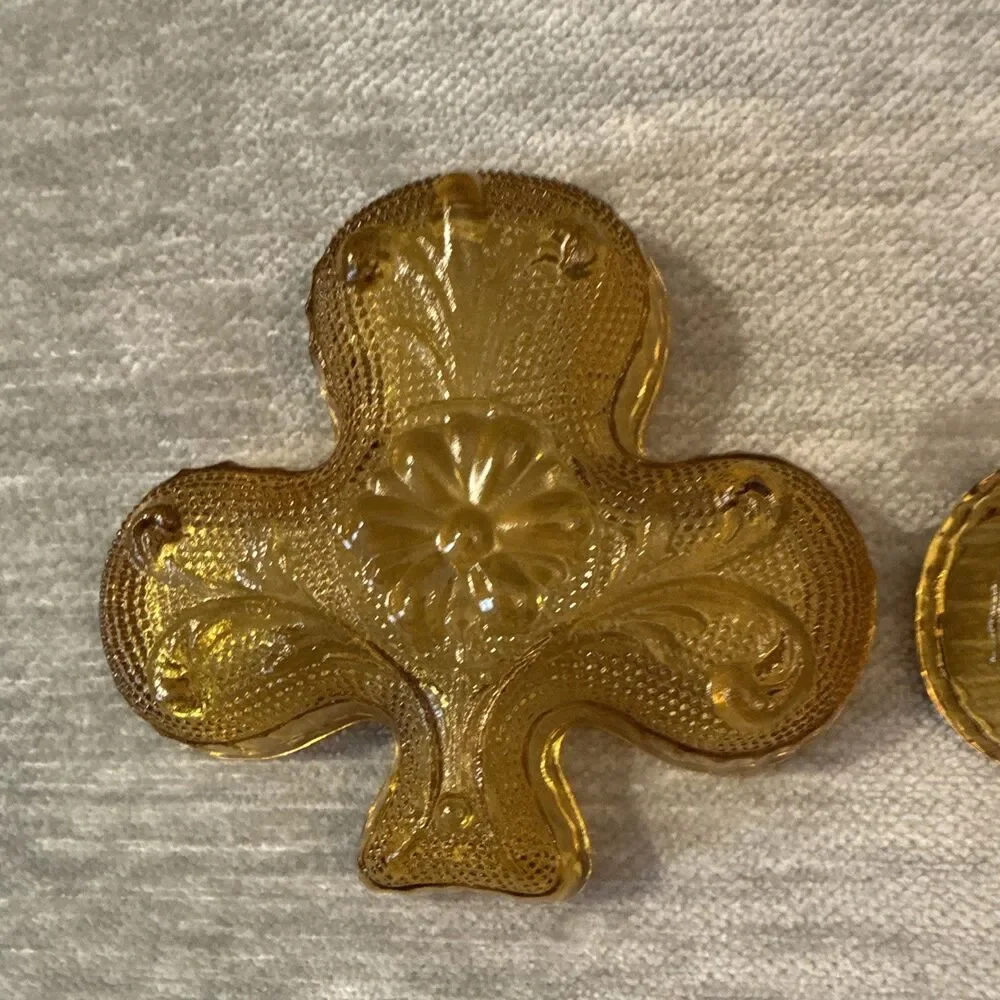 1970’s Amber Glass Shamrock Trinket Dishes set 2 Floral Pattern Indiana Glass Co